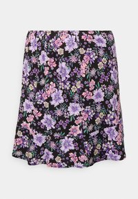 Saia preta com padrão floral, apresentando flores roxas, rosas e verdes em um design vibrante. Feita de um tecido leve e macio, com um cós elástico.