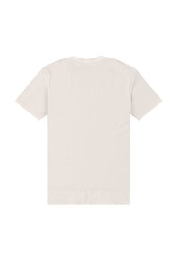 Jednoduché krémově bílé tričko s krátkými rukávy zobrazené zezadu, s kulatým výstřihem a bez viditelného vzoru nebo loga.