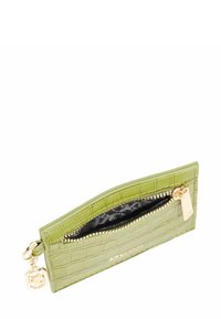Green crocodile-embossed leather wallet with gold zipper and charm. Features a textured exterior and a black patterned interior lining.