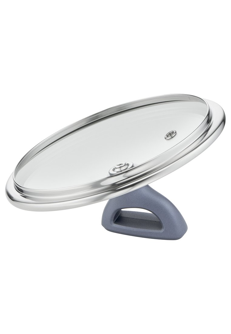 Edelstahldeckel mit klarem Glasdeckel, ovaler Form und einem grauen Plastikgriff für einfaches Greifen. Verfügt über einen zentralen Knopf für einen sicheren Verschluss.