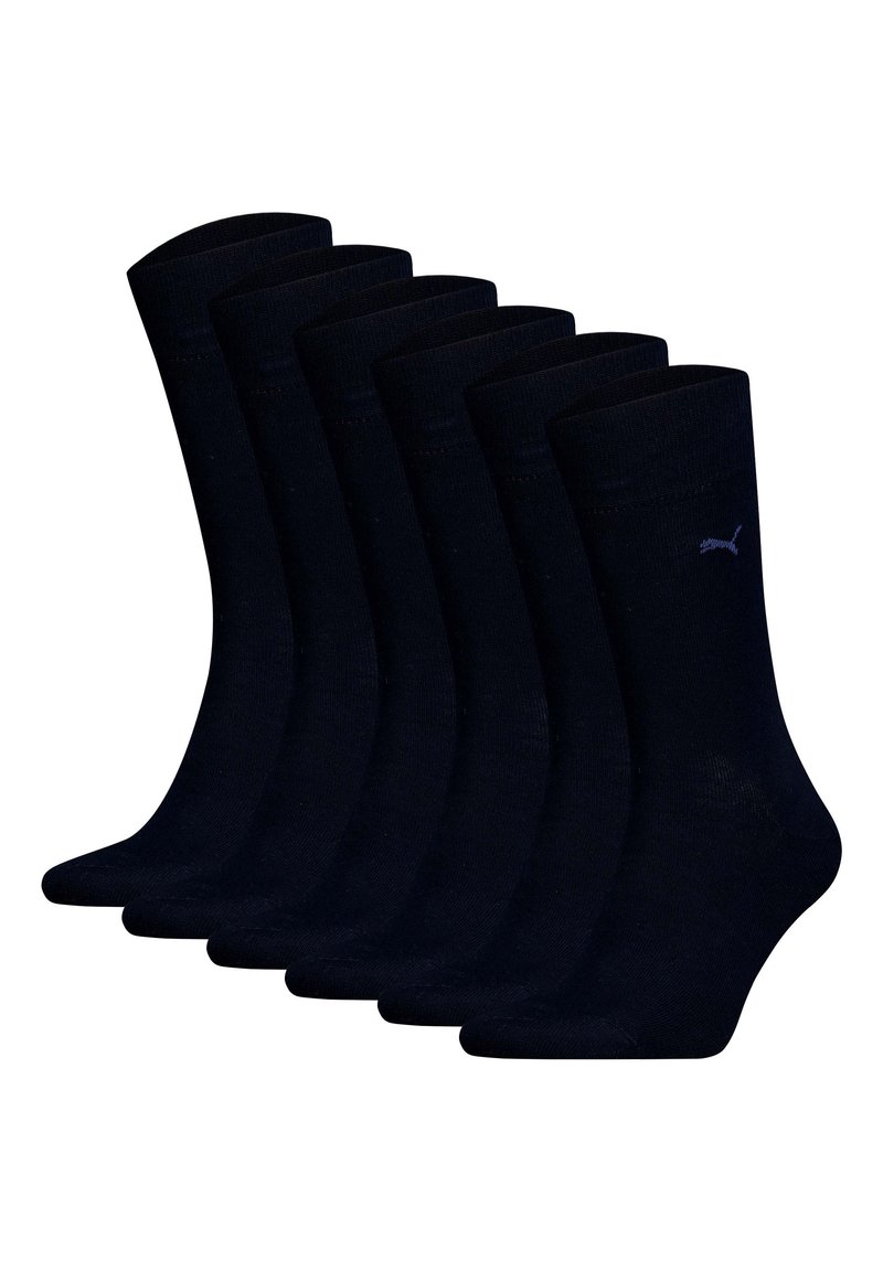 Calcetines de algodón negros, con un diseño acanalado y un detalle de logo, organizados en un paquete de seis, con una textura suave y altura hasta la mitad de la pantorrilla.