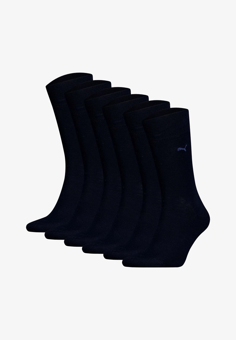 Calcetines de algodón negros, con un diseño acanalado y un detalle de logo, organizados en un paquete de seis, con una textura suave y altura hasta la mitad de la pantorrilla.