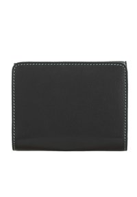 Black leather wallet with clean lines and a smooth texture. Finished with contrasting light blue stitching along the edges.