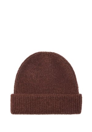 Brązowa dzianinowa czapka typu beanie wykonana z miękkiego, teksturowanego materiału. Posiada podwinięty brzeg i prosty, zaokrąglony kształt. Bez widocznych logo ani ozdób.