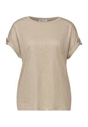 Top beige da donna a maniche corte con maniche arrotolate fissate da linguette con bottoni e scollo rotondo.