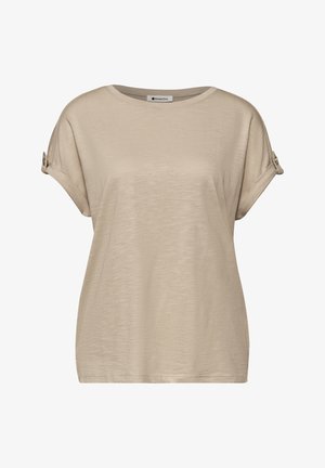 Beżowy damski top z krótkim rękawem, z podwiniętymi rękawami zabezpieczonymi na zatrzaski oraz okrągłym dekoltem.