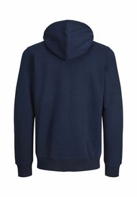 Sweat à capuche bleu marine avec manches longues, poignets et ceinture côtelés, montré de dos sur fond blanc.