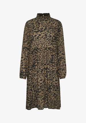 Leopardenmusterkleid in Braun und Schwarz mit hohem Kragen, langen Ärmeln, gestuftem Design und entspannter Silhouette.