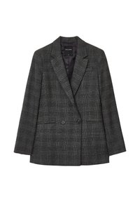 Blazer doppiopetto a quadri grigio scuro con revers e due bottoni frontali, etichettato come taglia piccola.