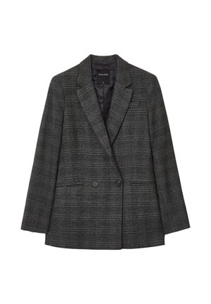 Dunkelgrauer karierten, doppelt geknöpfter Blazer mit Revers und zwei Vorderknöpfen, Größe klein.