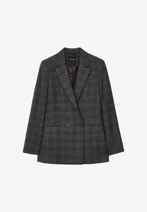 Blazer doppiopetto a quadri grigio scuro con revers e due bottoni frontali, etichettato come taglia piccola.