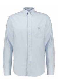  Lichtblauw gestreept button-up shirt met lange mouwen, een kraag, een borstzak en een geborduurd logo op de borst. Katoenen stof.