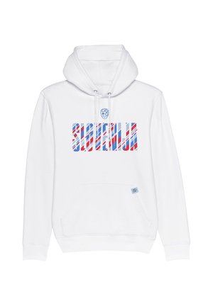 Weißes Hoodie mit "SLOVENIJA" in blau-roten gemusterten Buchstaben und einem kleinen blauen Logo über dem Text, mittig auf der Brust.