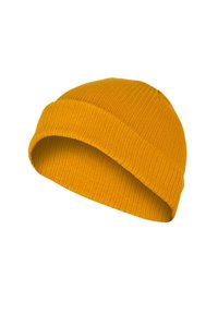 Knit beanie in bright yellow, featuring a ribbed texture and a rolled cuff design. Material appears soft and stretchable.