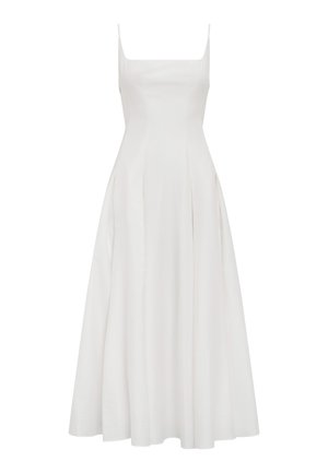 Λευκό midi φόρεμα χωρίς μανίκια με τετράγωνη λαιμόκοψη και εφαρμοστό μπούστο που ανοίγει σε πλισέ φούστα σε γραμμή Α.