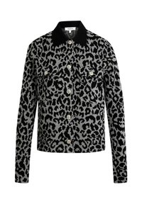 Giacca con stampa leopardata in grigio e nero, caratterizzata da un colletto nero a tinta unita, due tasche sul petto e bottoni argentati. Tessuto testurizzato, maniche lunghe.