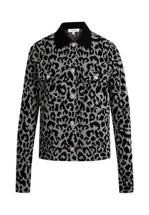 Giacca con stampa leopardata in grigio e nero, caratterizzata da un colletto nero a tinta unita, due tasche sul petto e bottoni argentati. Tessuto testurizzato, maniche lunghe.