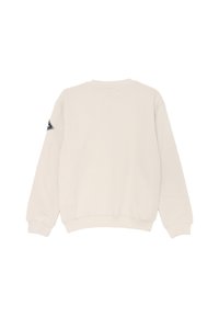 Felpa color crema chiaro con scollatura rotonda, maniche lunghe e polsini a costine. Presenta una toppa triangolare a contrasto sulla spalla sinistra.