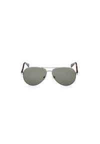 Occhiali da sole aviator in metallo con lenti verdi, dotati di una montatura argentata e bracci con accenti marroni. I cuscinetti nasali trasparenti aumentano il comfort.