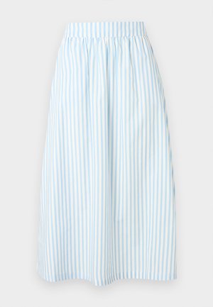 Lyseblå og hvide lodrette stribede midi-nederdel med rynket taljebånd og løs, flydende pasform.