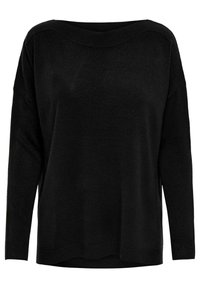 Czarny oversize sweter wykonany z miękkiego materiału, z szerokim dekoltem, długimi rękawami, ściągaczami na mankietach oraz prostym wykończeniem dołu.