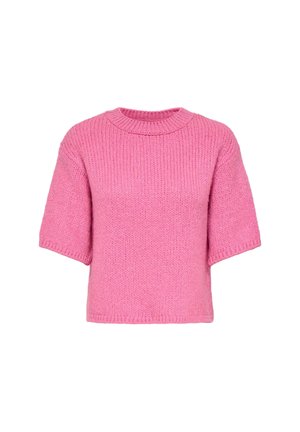 Różowy sweter z krótkim rękawem, wykonany z dzianiny, z okrągłym dekoltem, charakteryzujący się teksturowanym wzorem i luźnym krojem. Miękka, gruba tkanina.