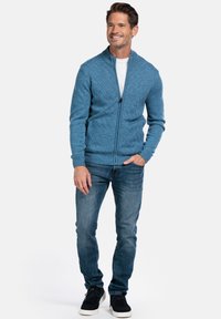 Blauwe vest met ritssluiting en een ruitgebreid patroon, gedragen over een wit overhemd, gecombineerd met donkere spijkerbroek en zwarte sneakers.