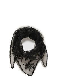 Sort blondehalsedisse med blomsterbroderi, gennemsigtig tekstur, bølgede kanter og trekantet form. Ideel til lagdeling eller drapering.