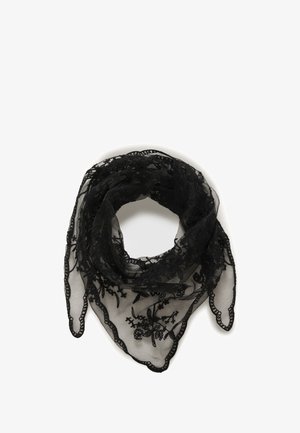 Black lace scarf featuring floral embroidery, sheer texture, scalloped edges, and a triangular shape. Ideal for layering or draping.
