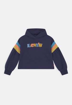 Sweat à capuche bleu marine avec logo "Levi's" multicolore sur la poitrine et bandes bleues, orange et jaunes sur les manches avec poignets élastiques.