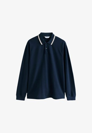 Navy long-sleeved polo shirt in cotton material. Features a contrasting striped collar and a single button placket. Simple design, minimal accents.