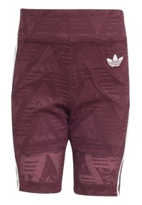 Shorts de cyclisme en mesh Adidas couleur marron foncé avec motifs géométriques, détail latéral à trois bandes blanches et logo trefoil Adidas blanc sur la hanche.
