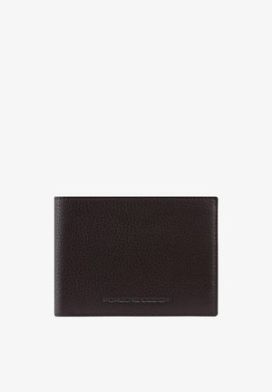Portefeuille en cuir texturé marron foncé de design fin avec "Porsche Design" embossé en argent sur le bord inférieur avant.