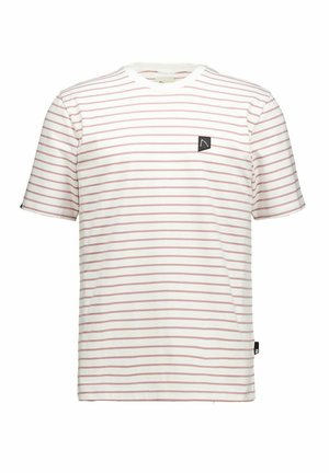 Fehér, rövid ujjú póló vékony, vízszintes rózsaszín csíkokkal, kerek nyakkivágással és kis fekete logóval a bal mellrészen.