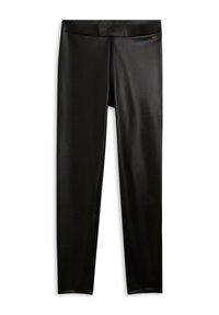 Leggings neri realizzati in materiale liscio ed elasticizzato. Presentano una vita alta e un design minimalista senza motivi o dettagli visibili.