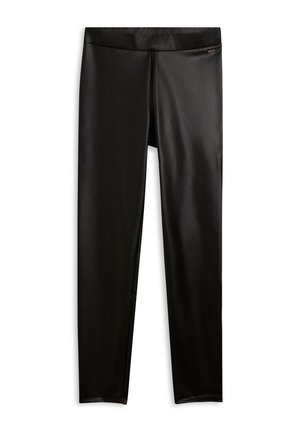 Leggings neri realizzati in materiale liscio ed elasticizzato. Presentano una vita alta e un design minimalista senza motivi o dettagli visibili.