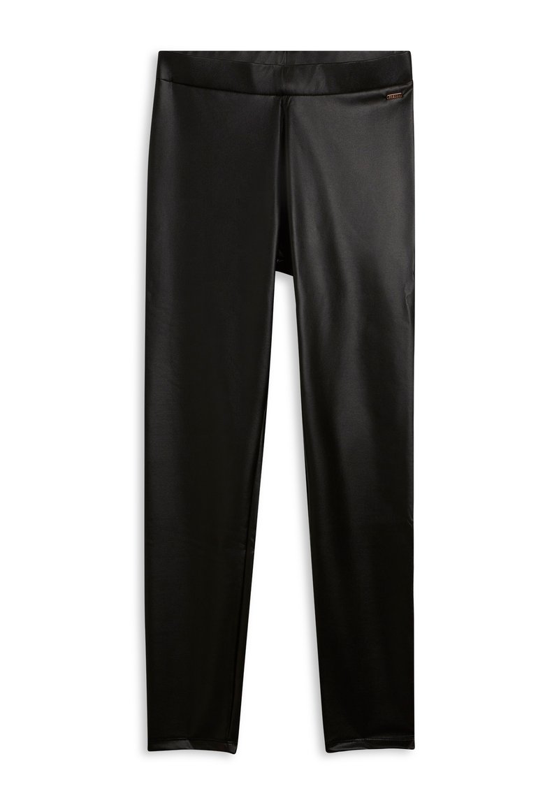 Leggings neri realizzati in materiale liscio ed elasticizzato. Presentano una vita alta e un design minimalista senza motivi o dettagli visibili.