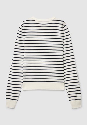 Gestreifter Pullover in Creme und Marineblau mit langen Ärmeln, rundem Ausschnitt, gerippten Bündchen und kurzem Saum. Weiche Stricktextur.