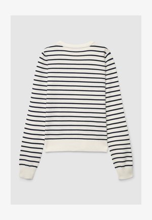 Maglione a righe crema e blu navy, con maniche lunghe, scollo rotondo, polsini a coste e orlo corto. Tessuto morbido a maglia.
