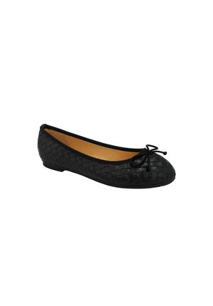 Bailarina de cuero negro tejido con puntera redondeada y pequeño lazo, tacón bajo y forro interior color beige.