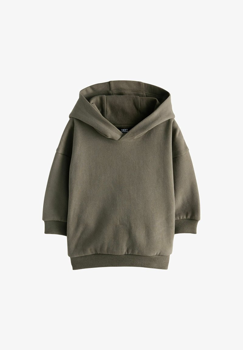 Einfaches olivgrünes Kapuzensweatshirt mit langen Ärmeln und gerippten Bündchen sowie Saum, von vorne vor weißem Hintergrund gezeigt.