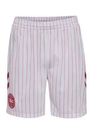 Hvide atletikshorts med tynde lodrette røde striber, røde sidestriber og en rund rød logo på venstre ben.