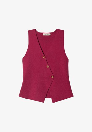 Chaleco de punto fucsia con escote en V, que presenta un diseño envolvente y tres botones en forma de estrella dorados como acentos. Textura suave y acabado sin costuras.