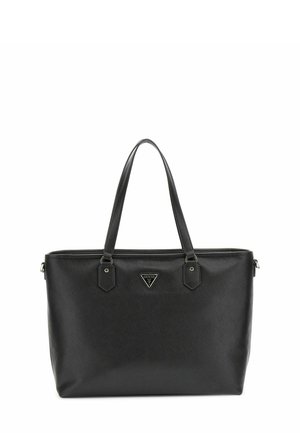 Sac fourre-tout noir en matériau synthétique texturé, doté de poignées doubles, d'une fermeture éclair et d'un logo en métal à l'avant.