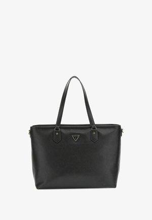 Sac fourre-tout noir en matériau synthétique texturé, doté de poignées doubles, d'une fermeture éclair et d'un logo en métal à l'avant.