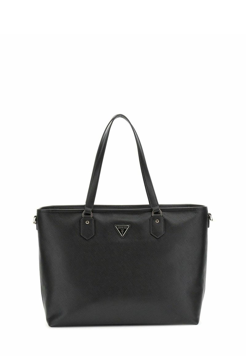 Sac fourre-tout noir en matériau synthétique texturé, doté de poignées doubles, d'une fermeture éclair et d'un logo en métal à l'avant.