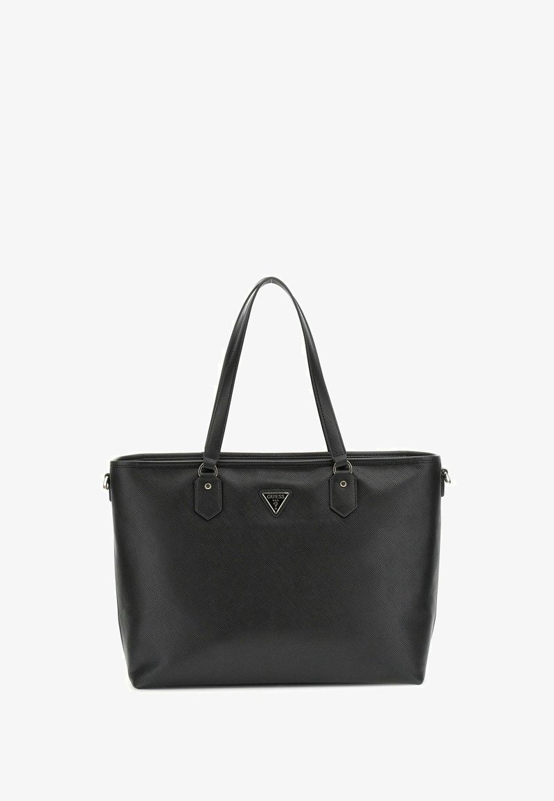 Sac fourre-tout noir en matériau synthétique texturé, doté de poignées doubles, d'une fermeture éclair et d'un logo en métal à l'avant.