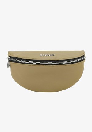 Pochette en nylon kaki avec une forme incurvée, fermeture éclair argentée et logo 'BOGNER'. Texture lisse avec un design minimaliste.