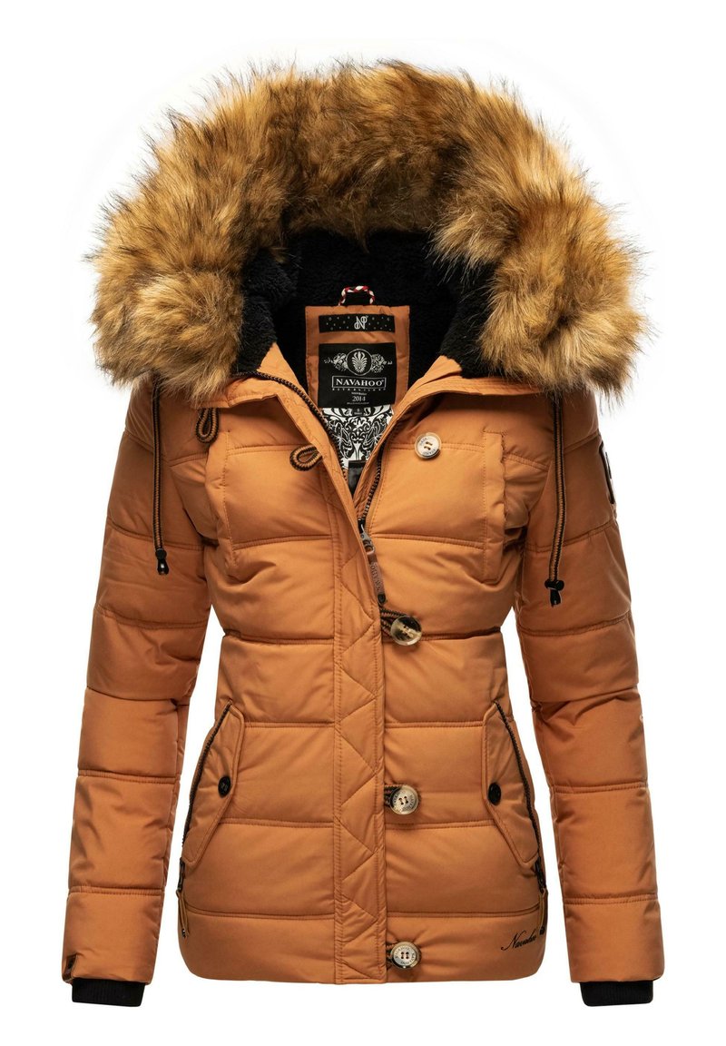 Padded, brown jacket with a faux fur-lined hood. Features large buttons, drawstrings, and two zippered pockets. Textured quilted design.