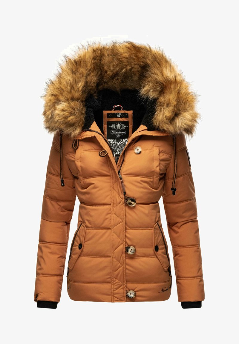 Padded, brown jacket with a faux fur-lined hood. Features large buttons, drawstrings, and two zippered pockets. Textured quilted design.
